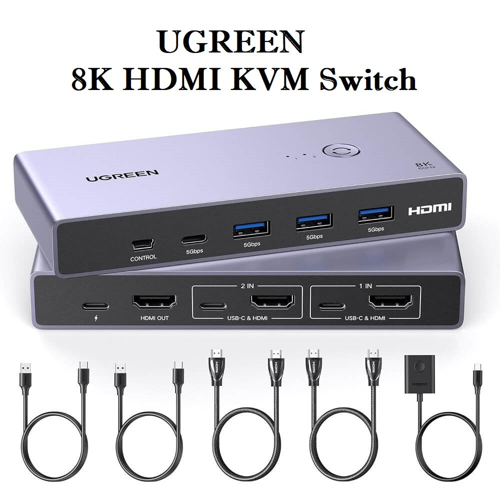 UGREEN 8K Displayport KVM Switch DP 1.4 with 4 USB 3.0 Ports (3 USB-A + 1 USB-C) Support 8K@60Hz 4K@240Hz Share 1 Monitor Keyboard Mouse USB C Hard Drive Printer, with 2 DP Cables, 2 USB A to C Cables, 5Gbps Fast Speed - Imported from UK