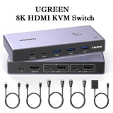 UGREEN 8K Displayport KVM Switch DP 1.4 with 4 USB 3.0 Ports (3 USB-A + 1 USB-C) Support 8K@60Hz 4K@240Hz Share 1 Monitor Keyboard Mouse USB C Hard Drive Printer, with 2 DP Cables, 2 USB A to C Cables, 5Gbps Fast Speed - Imported from UK