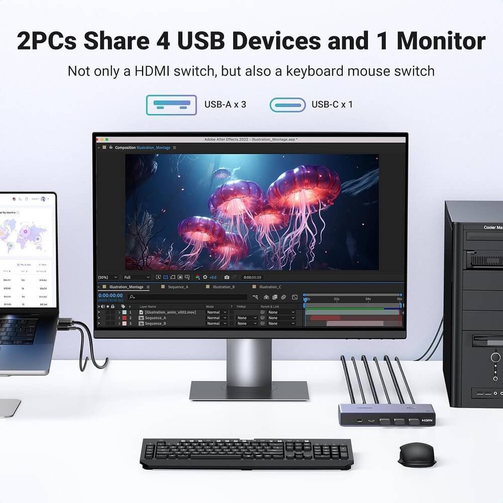 UGREEN 8K Displayport KVM Switch DP 1.4 with 4 USB 3.0 Ports (3 USB-A + 1 USB-C) Support 8K@60Hz 4K@240Hz Share 1 Monitor Keyboard Mouse USB C Hard Drive Printer, with 2 DP Cables, 2 USB A to C Cables, 5Gbps Fast Speed - Imported from UK