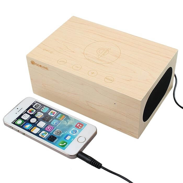 Eachine X5 9 in 1 Multi-Function Wooden Alarm Clock with Built-in Wireless Charger, Bluetooth 4.0 Speaker with Mic, Clock, Thermometer, NFC, LED Time Display & Double USB Interface  - Imported from UK