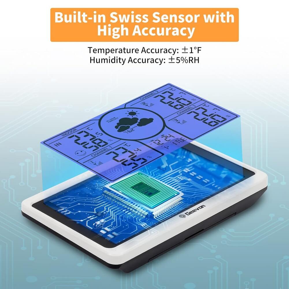 Geevon Weather Stations with 3 Indoor Outdoor Thermometer Multiple Wireless Sensors Digital Large LCD Display Indoor/Outdoor Temperature & Humidity Adjustable Backlight Alarm Clock & Snooze Barometer Comfort & Low Battery Indicator - Imported from UK