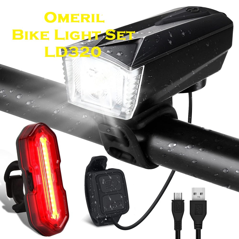 Omeril LD320 Bike Light Set, USB Rechargeable Light with 300LM Waterproof Front Headlight & 100LM Tail Light, Adjustable 6 Lighting Modes, Cycling Lights for Road & Mountain, Easy to Fit - Imported from UK