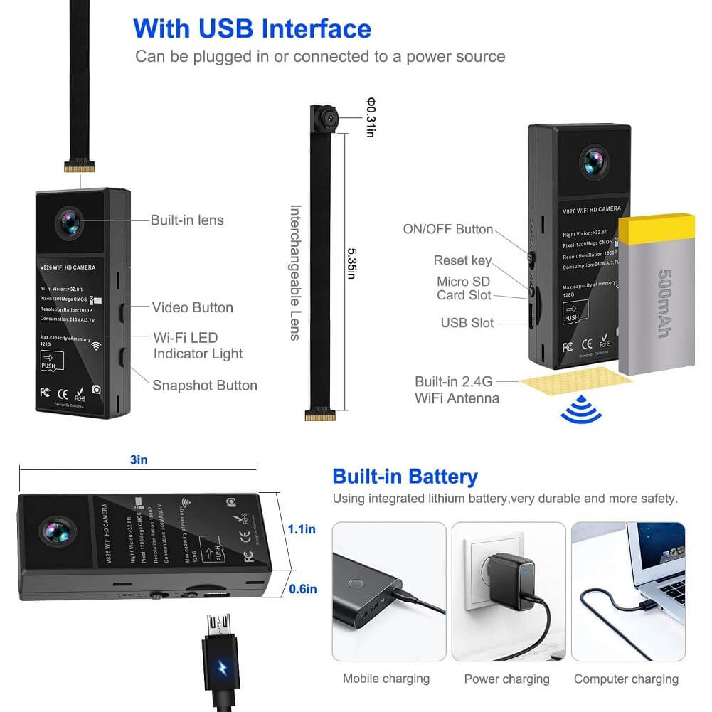 Boveila WiFi Spy Camera, Mini Hidden 1080P Wireless Covert Video Security Nanny Cam, 150° Wide Angle Night Vision Motion Detection for Home Security Monitoring - Imported from UK