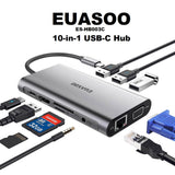 EUASOO 10-in-1 USB-C Hub Type C Adapter with HDMI 4K, Gigabit Ethernet, VGA, USB-C Female Power Delivery, Audio Output, 3x USB 3.0, SD/TF Card Reader - Imported from UK