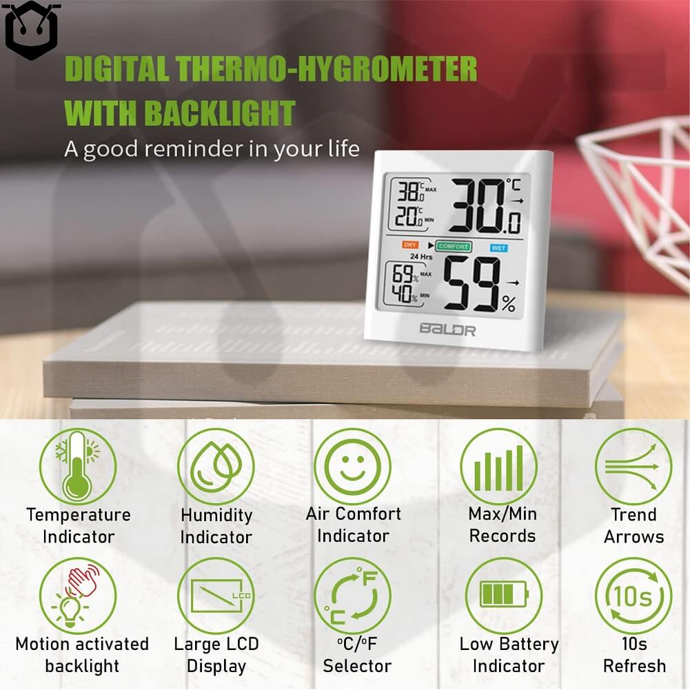 BaLDR Digital Thermo-Hygrometer with Backlight, Temperature & Humidity Smart Sensor, Easy to Read, Real Time Monitoring, Large Backlit LCD Display - Imported from UK