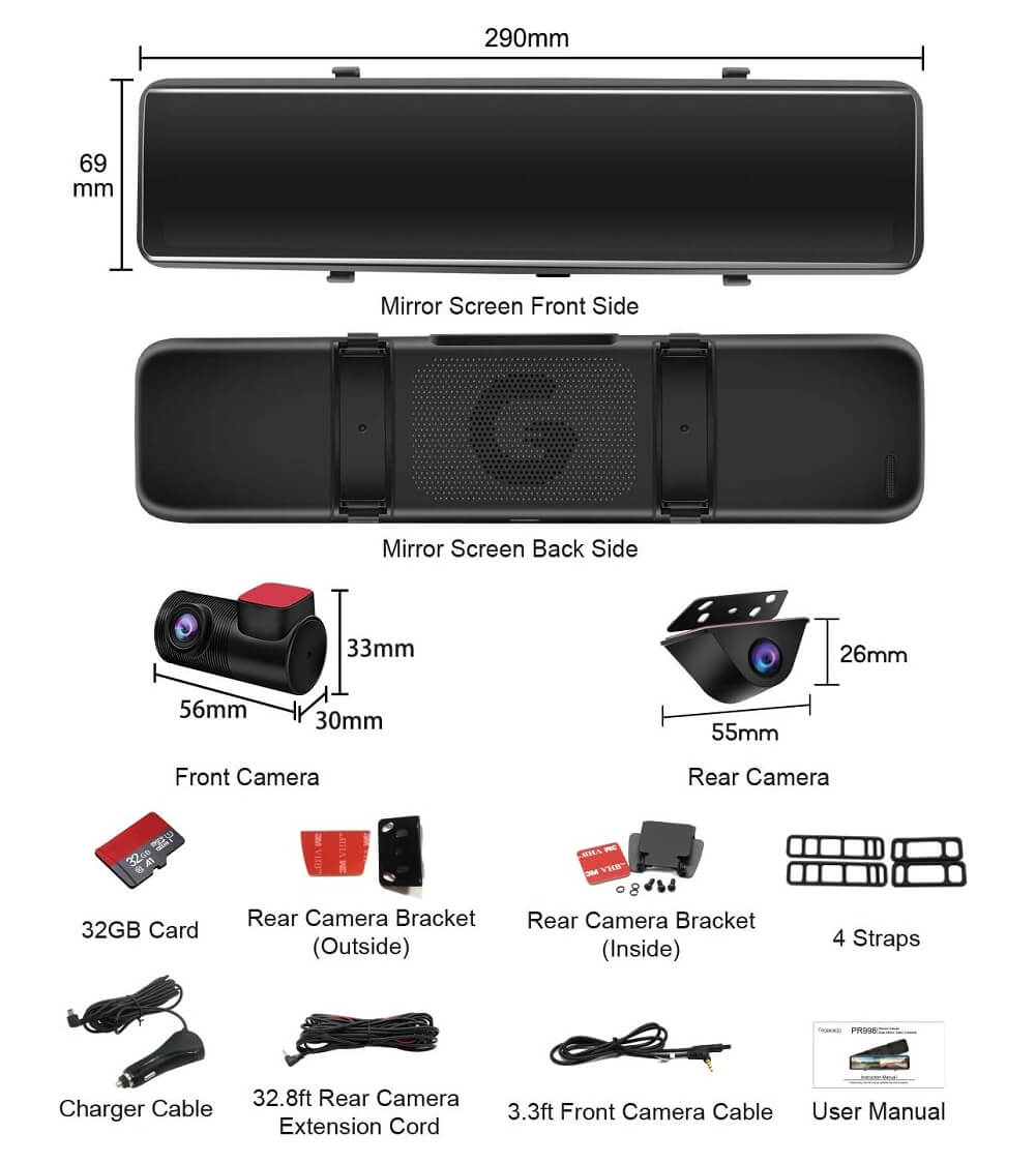 PORMIDO Advanced 12" Mirror Dual Dash Cam with Detached Front Camera, Anti Glare Full Touch Split Screen HD 1296P, Sony Lens, Super Night Vision, Parking Assistance - Imported from UK