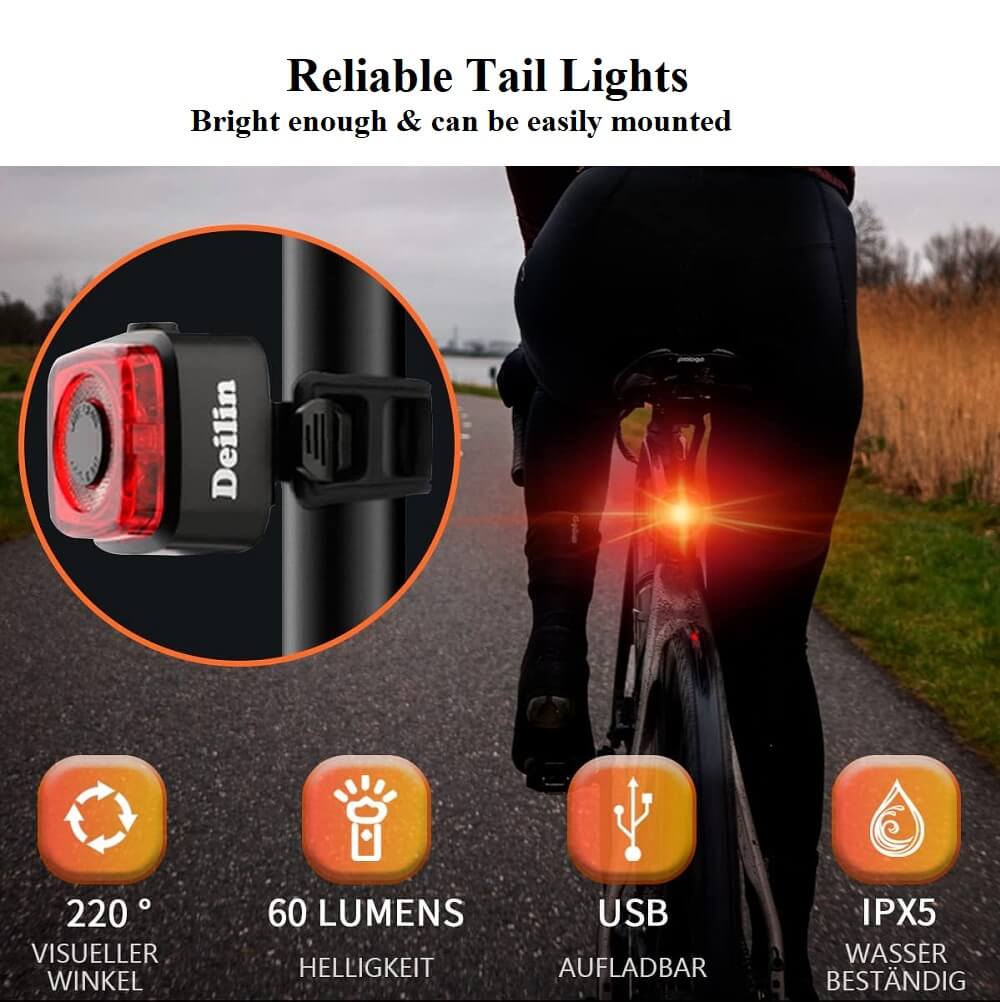 Deilin Bicycle Light Set, Up to 70 Lux, Osram LED Bicycle Light, USB Rechargeable, IPX5 Waterproof Front & Rear Bicycle Light Set - Imported from UK