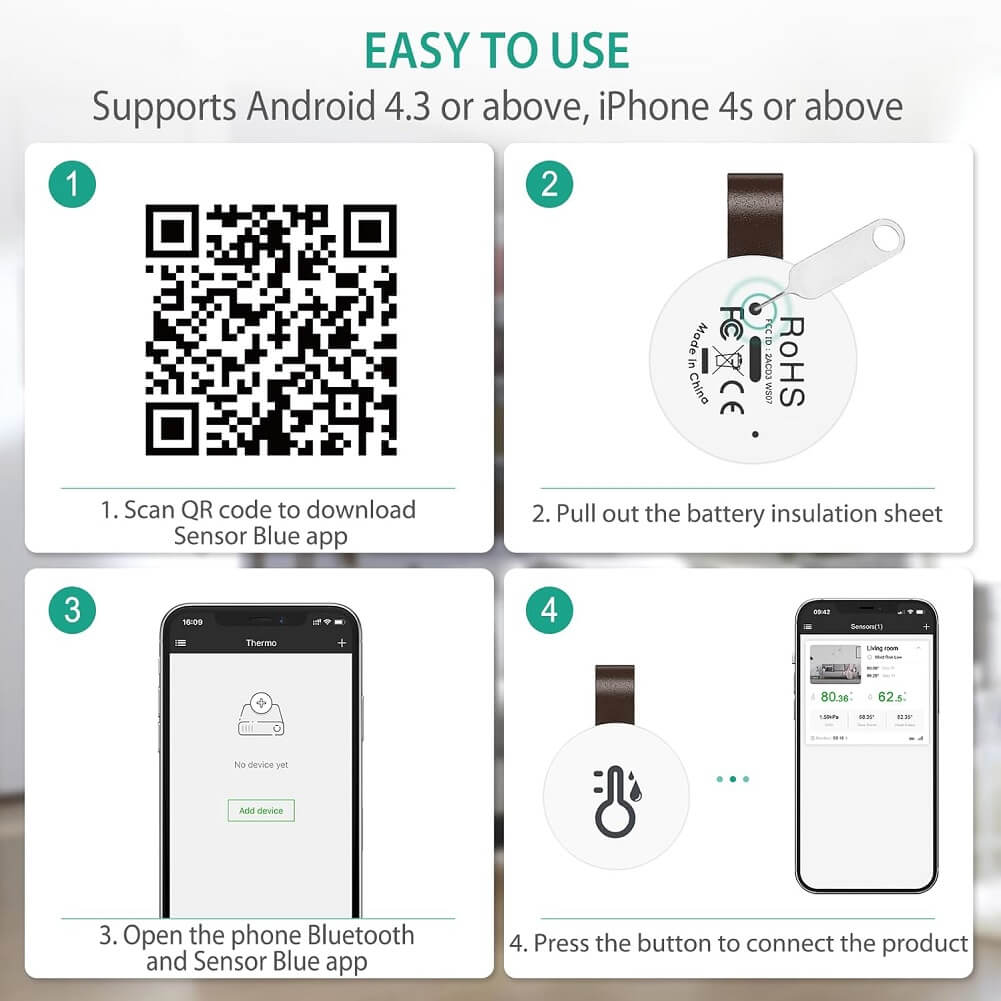 SensorBlue Bluetooth Thermometer Hygrometer, Mini Wireless Humidity Temperature Sensor with Data Export & Alert, Temp Humidity Monitor (Pack of 2) - Imported from UK