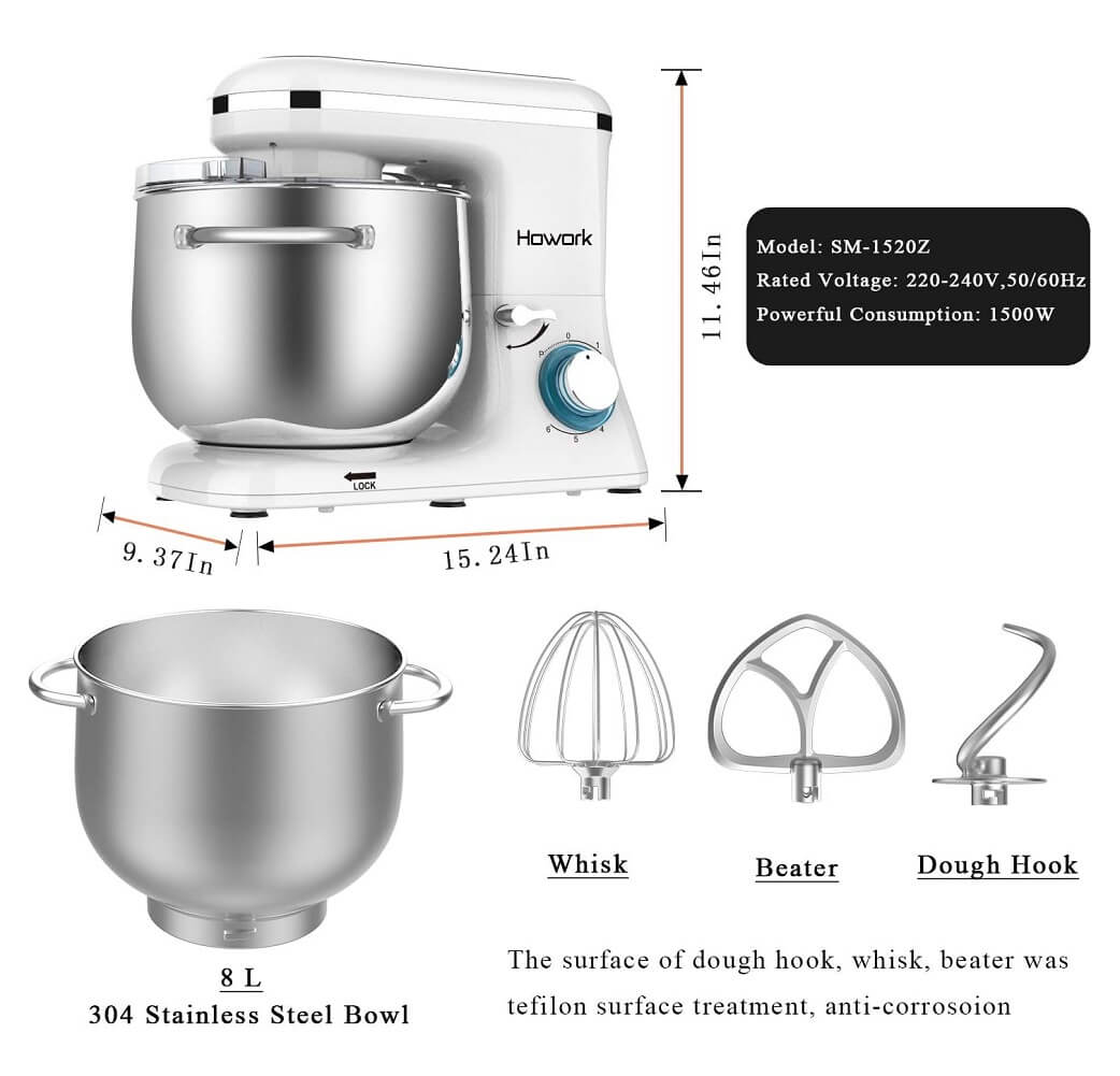 HOWORK Stand Mixer Stainless Steel 8L Bowl 1500W Food Mixer, Multi Functional Kitchen Electric Mixer with Dough Hook, Whisk, Beater - Imported from UK