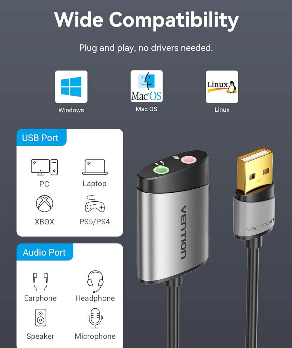VENTION USB Sound Card to 3.5mm Jack Audio Adapter Compatible with PC, Laptop, Headset, PS5/4, Mac & more - Imported from UK
