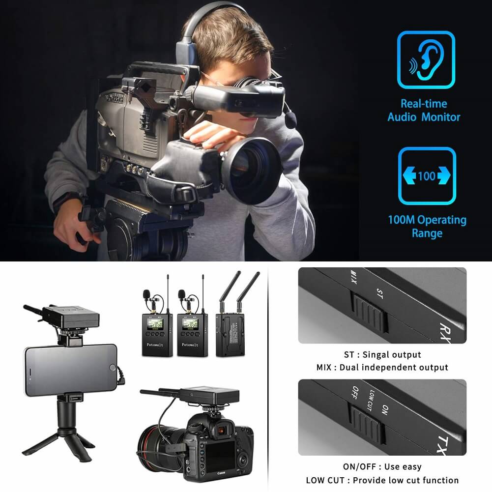 FotoWelt UHF 2 Transmitters+1 Dual-Channel Receiver Wireless Lavalier Microphone System, Dual Channel Receiver Compatible with DSLR Cameras, Phones Camcorders Used in Video Recording, Program Hosting & Interview - Imported from UK