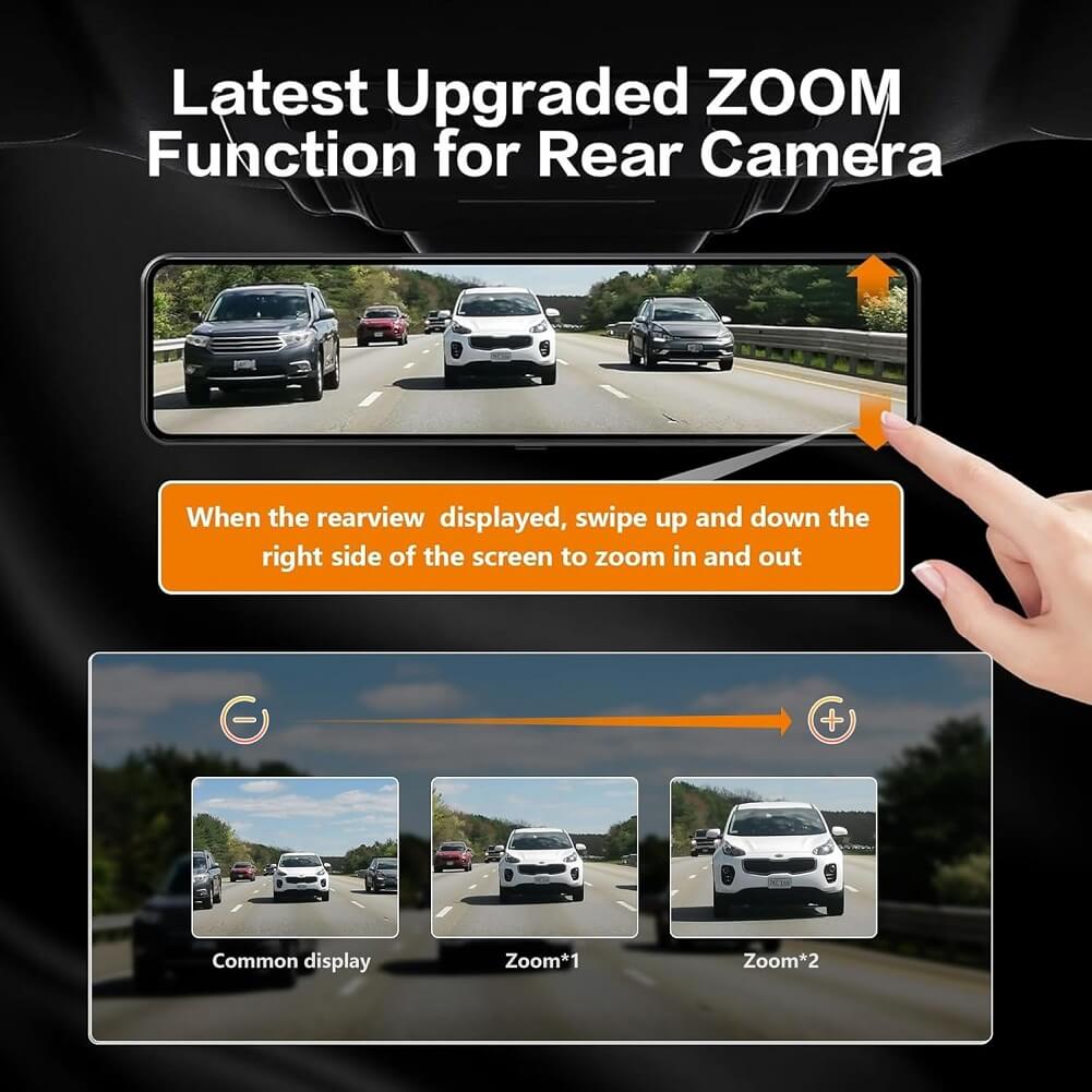 VVCAR 12" UHD 4K Mirror Dash Cam, Smart Touch Screen Rear View Mirror Camera Supports Zoom in Night Vision Parking Mode & Park Assist, w/1080P Back Up Camera, Free 32GB Card & GPS - Imported from UK