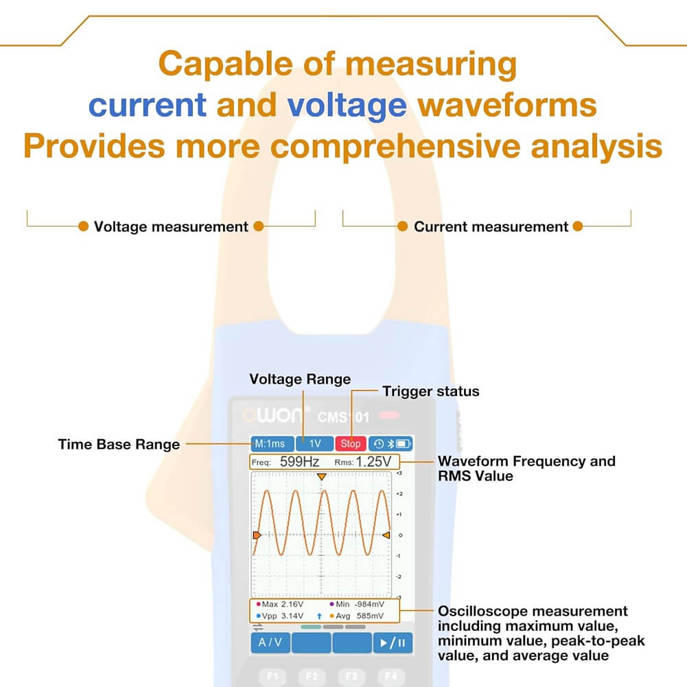 OWON Bluetooth Clamp Meter + Oscilloscope Scope, 1000V AC/DC Voltage Tester 1000A Current Test with 1MHz Oscilloscope Multimeter 3 in 1 Functions Clamp Meter with 2.8" IPS LCD Display - Imported from UK
