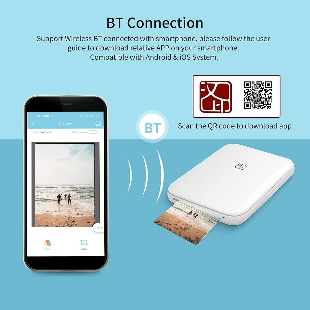 HPRT MT53 Wireless BT Instant Photo Printer Portable Mini Mobile Photo Printer Inkless Technology Support AR Photo Function Used with App Compatible with iOS Android - Imported from UK