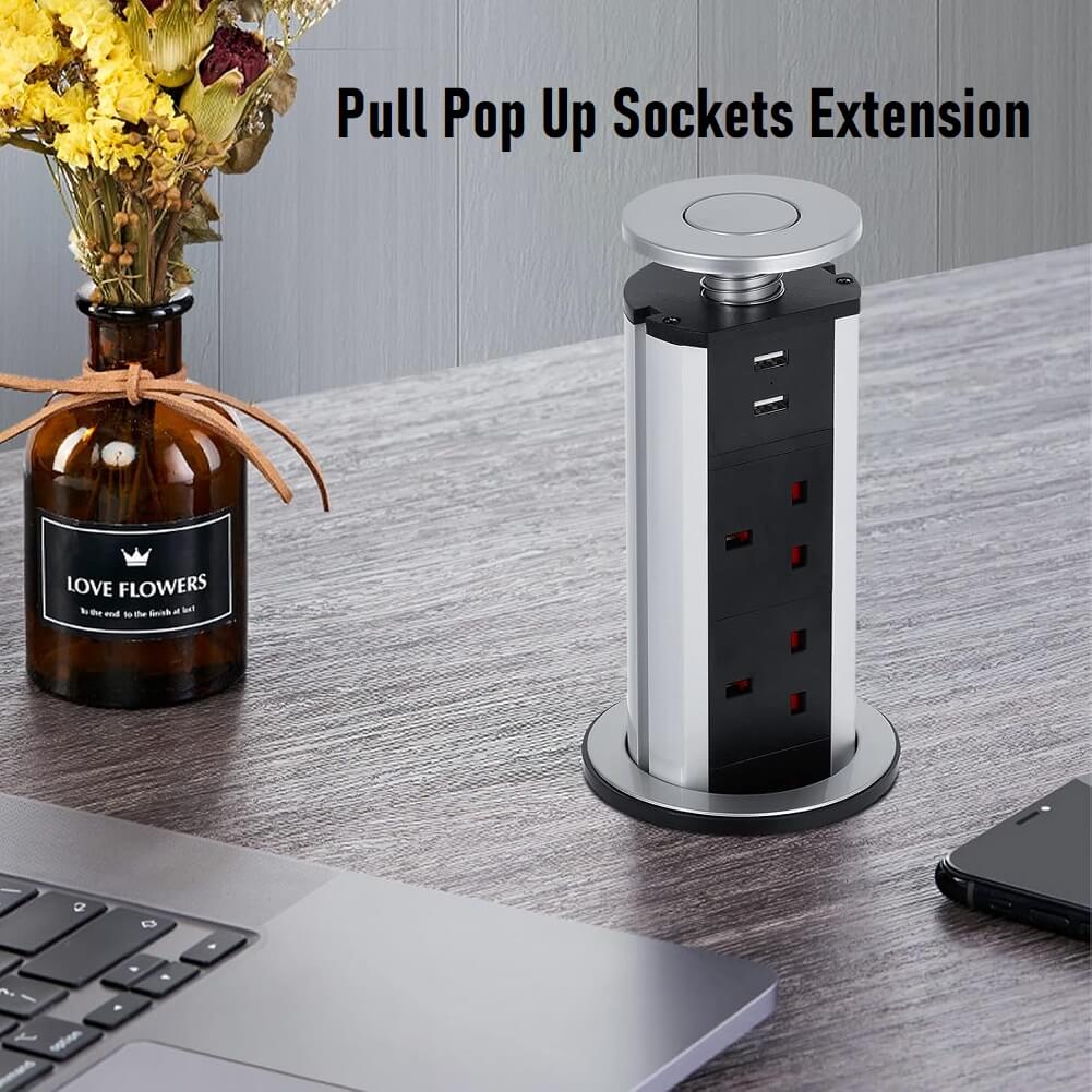 BXD Pull Pop Up Sockets Extension with 2 USB Slots & 3 UK Plug Sockets for Kitchen Worktops Desktop Home & Office - Imported from UK