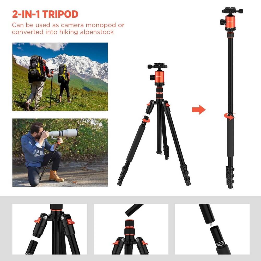 GEEKOTO 77’’ Camera Tripod for DSLR, Compact Aluminum Tripod with 360 Degree Ball Head and 8kgs Load for Travel and Work - Imported from UK