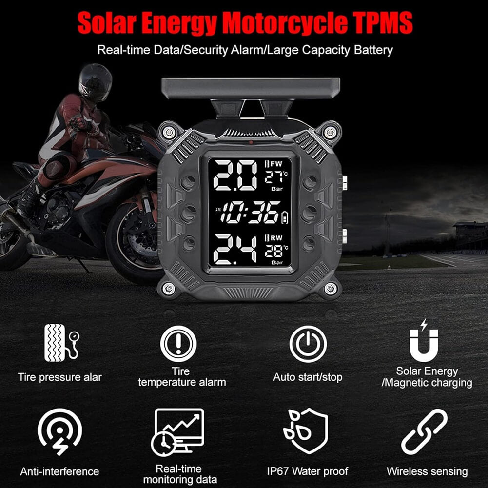 Solar Power Wireless TPMS Motorcycle Tire Pressure Monitoring System, Digital Display with 2 Wheel Sensors for Motorcycle - Imported from UK