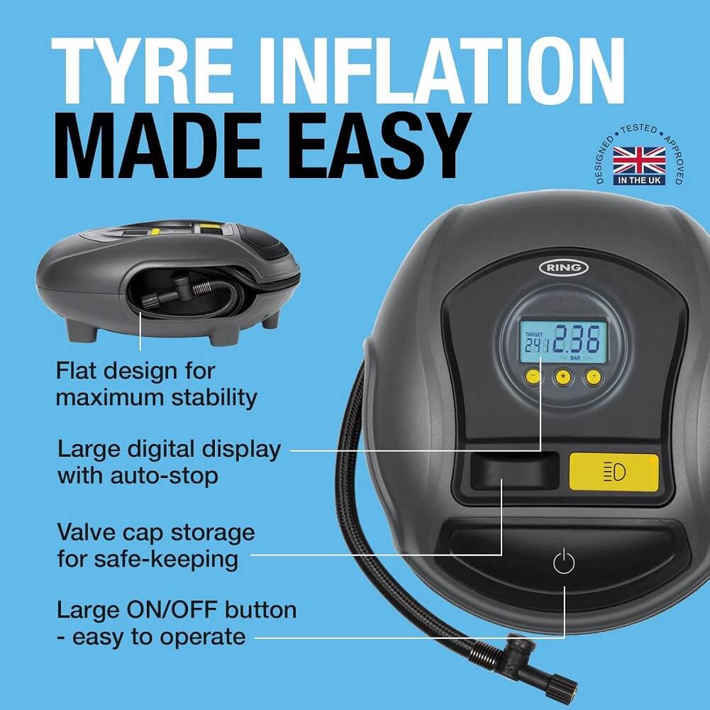 Ring RTC500 12V Digital Tyre Inflator with Auto Stop & LED Light - Imported from UK