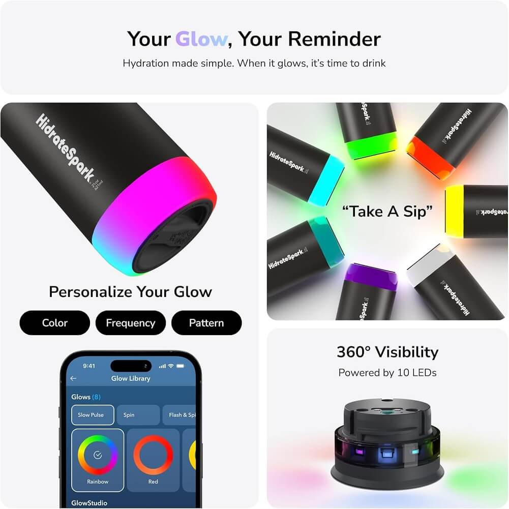 HidrateSpark PRO 21oz Smart Water Bottle, Insulated Stainless Steel, Tracks Water Intake with Bluetooth, LED Glow Reminder When You Need to Drink, Chug Lid - Imported from UK
