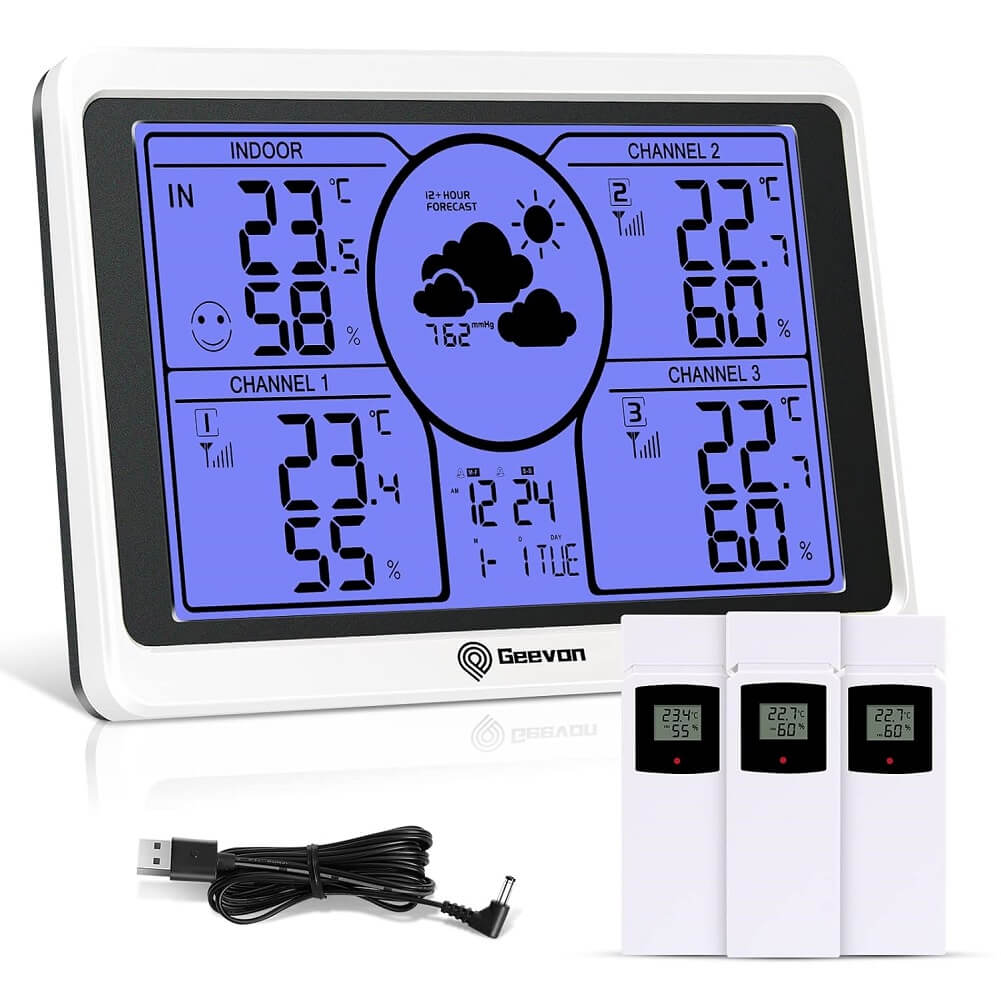 Geevon Weather Stations with 3 Indoor Outdoor Thermometer Multiple Wireless Sensors Digital Large LCD Display Indoor/Outdoor Temperature & Humidity Adjustable Backlight Alarm Clock & Snooze Barometer Comfort & Low Battery Indicator - Imported from UK