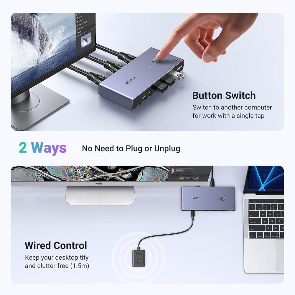 UGREEN 8K Displayport KVM Switch DP 1.4 with 4 USB 3.0 Ports (3 USB-A + 1 USB-C) Support 8K@60Hz 4K@240Hz Share 1 Monitor Keyboard Mouse USB C Hard Drive Printer, with 2 DP Cables, 2 USB A to C Cables, 5Gbps Fast Speed - Imported from UK