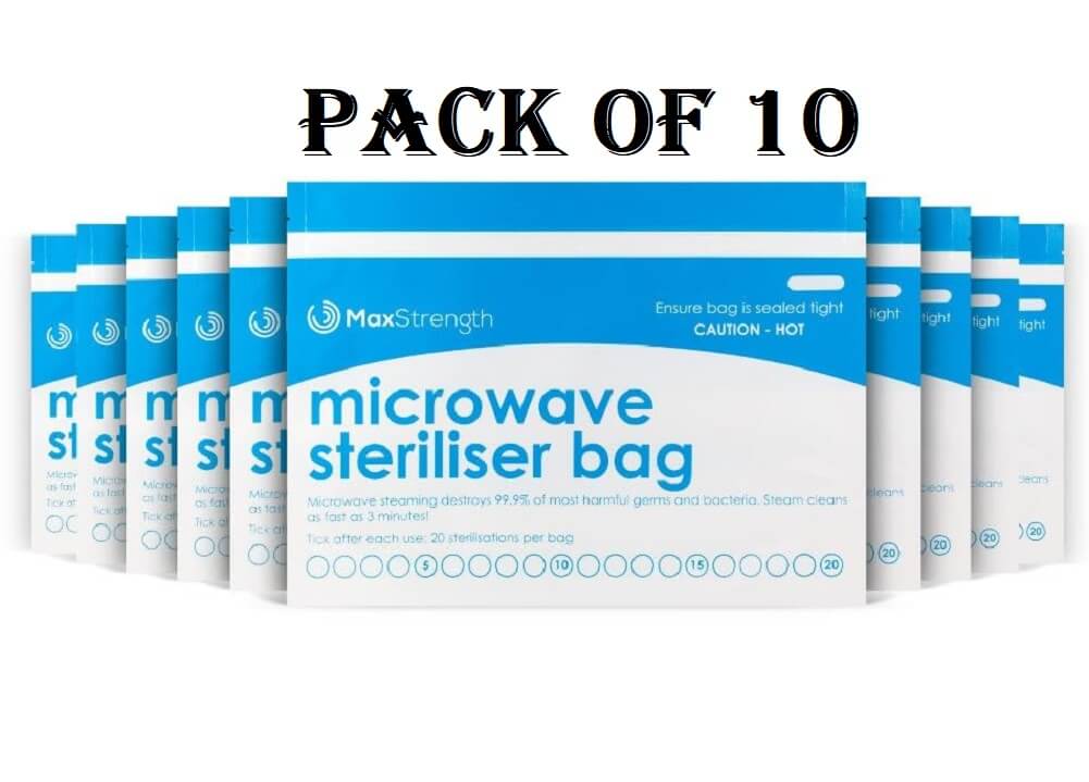 Max Strength Microwave Premium Sterilizer Bags (Pack of 10), Large & Durable Steam Bags for Baby Bottles, Soothers, Teethers & Training Cups, 20 Uses Per Bag, Marking System, Chemical Free - Imported from UK