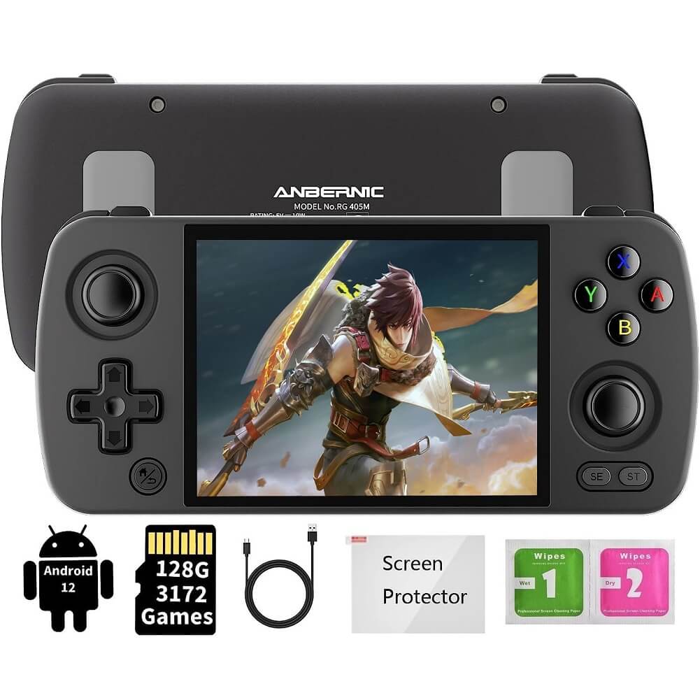 ANBERNIC RG405M Handheld Game Console, Aluminum Alloy CNC Android 12 System 4.0" IPS Touch Screen with 128G TF Card & 3172 Games - Imported from UK