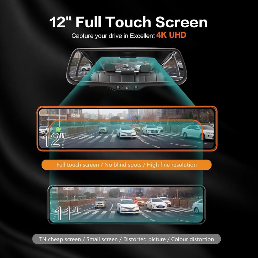 VVCAR 12" UHD 4K Mirror Dash Cam, Smart Touch Screen Rear View Mirror Camera Supports Zoom in Night Vision Parking Mode & Park Assist, w/1080P Back Up Camera, Free 32GB Card & GPS - Imported from UK