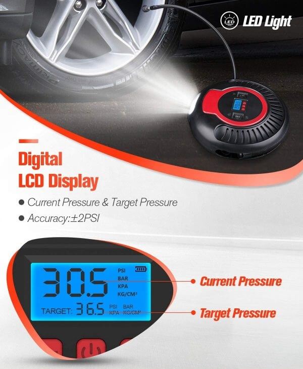 Oasser P3 2000mAh Air Compressor Electric Portable Pump Tire Inflator Dual-Use AC DC 120PSI Low High Pressure Air Inflation Blower for Tires Air Mattress - Imported from UK