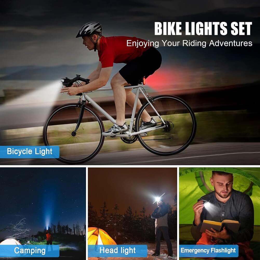 Omeril LD320 Bike Light Set, USB Rechargeable Light with 300LM Waterproof Front Headlight & 100LM Tail Light, Adjustable 6 Lighting Modes, Cycling Lights for Road & Mountain, Easy to Fit - Imported from UK