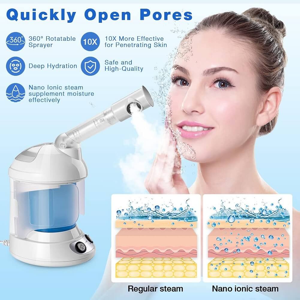 K-SKIN Facial Steamer, 350W Nano Ionic Face Steamer with 360° Rotatable Sprayer, Portable for Personal Care Use at Home or Salon - Imported from UK