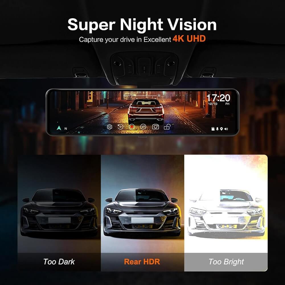 VVCAR 12" UHD 4K Mirror Dash Cam, Smart Touch Screen Rear View Mirror Camera Supports Zoom in Night Vision Parking Mode & Park Assist, w/1080P Back Up Camera, Free 32GB Card & GPS - Imported from UK