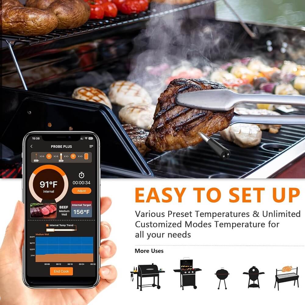 AIRMSEN Wireless Bluetooth Meat Thermometer, Digital Meat Thermometer with Smart APP for Oven Cooking, Grill, BBQ, Smoker, 300ft Range, IPX7 Waterproof Wireless Meat Probe  - Imported from UK