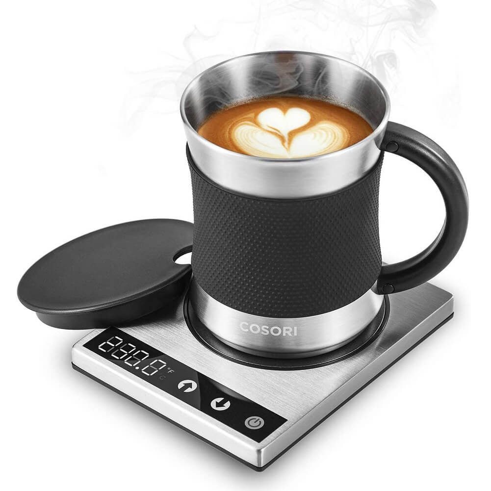 COSORI Coffee Mug Warmer & Mug Set, 24W Beverage Cup for Desk Home Office Use, 304 Stainless Steel 17oz Mug Lid, Touch Tech & LED Backlit Display - Imported from UK