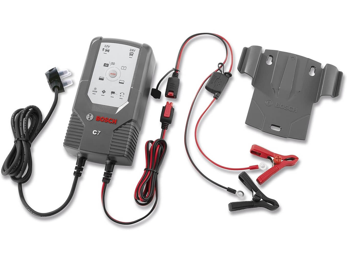 Bosch C7 Intelligent & Automatic Battery Charger - 12V-24V / 7A for Lead-Acid Batteries, GEL, Start/Stop EFB, Start/Stop AGM for Motorcycles, Cars & Light - Imported from UK