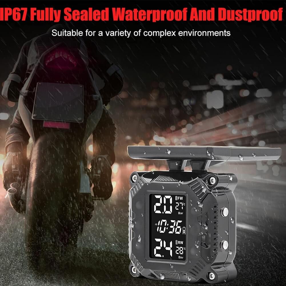 Solar Power Wireless TPMS Motorcycle Tire Pressure Monitoring System, Digital Display with 2 Wheel Sensors for Motorcycle - Imported from UK