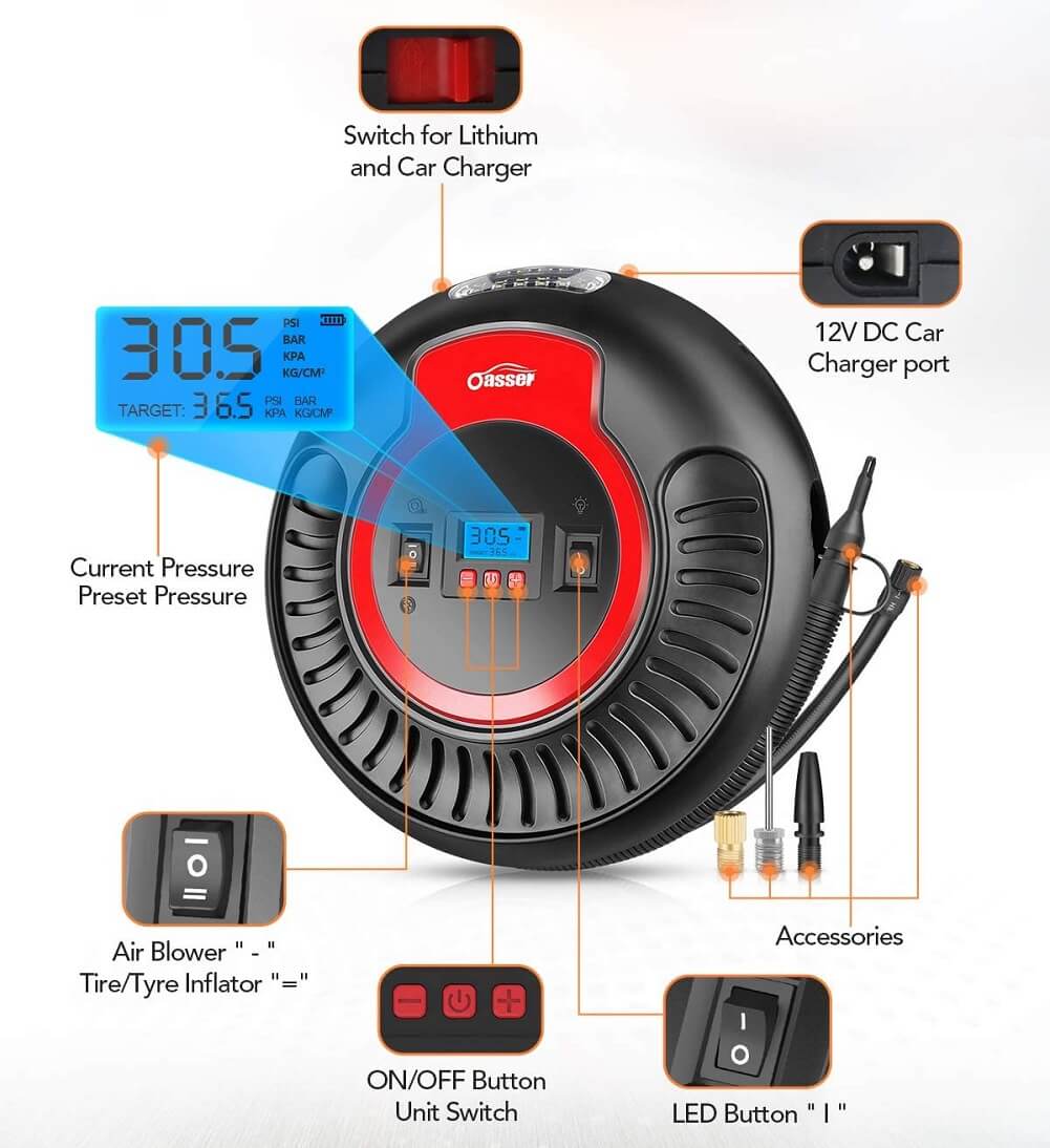 Oasser P3 2000mAh Air Compressor Electric Portable Pump Tire Inflator Dual-Use AC DC 120PSI Low High Pressure Air Inflation Blower for Tires Air Mattress - Imported from UK