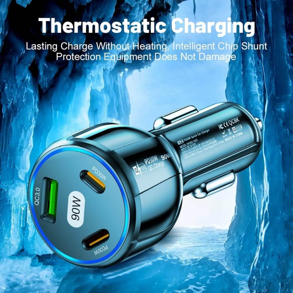 KIFIDAN 90W 3-in-1 Super Fast Charging Station, USB-C Car Charger with Dual PD 30W+QC3.0 - Imported from UK
