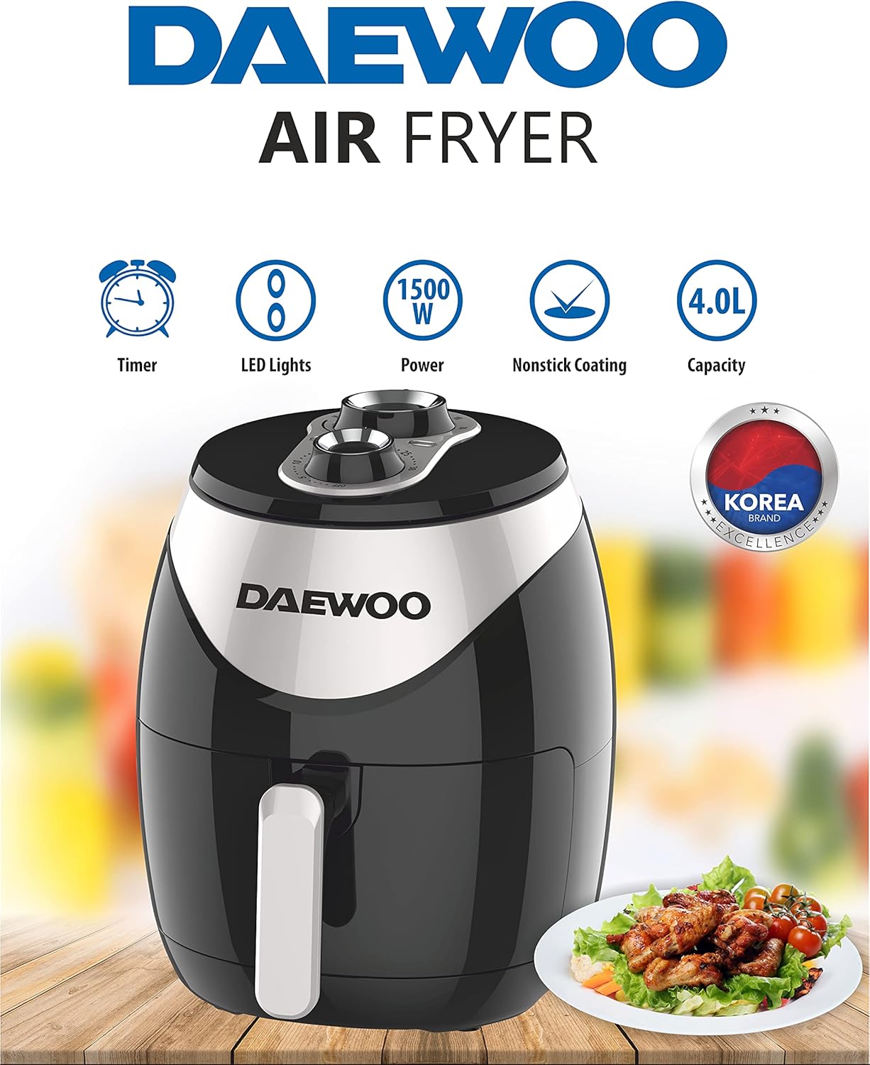 Daewoo Air Fryer With Rapid Air Circulation Technology 1500W 4L (Korean Technology) - Imported from UK