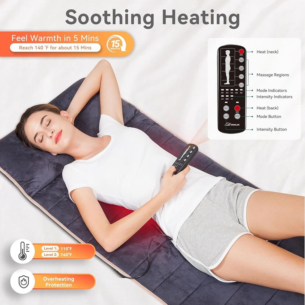 Snailax Memory Foam Full Body Massage Mat with Heat with 10 Vibration Motors & 6 Heating Pads, Back Massager Pad for Neck Back Waist Legs (Container product Without Box) - Imported from UK
