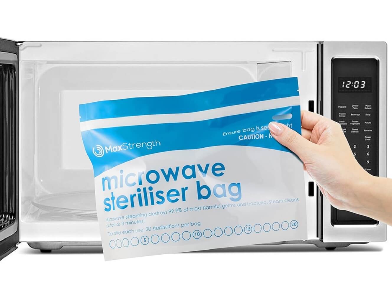 Max Strength Microwave Premium Sterilizer Bags (Pack of 10), Large & Durable Steam Bags for Baby Bottles, Soothers, Teethers & Training Cups, 20 Uses Per Bag, Marking System, Chemical Free - Imported from UK