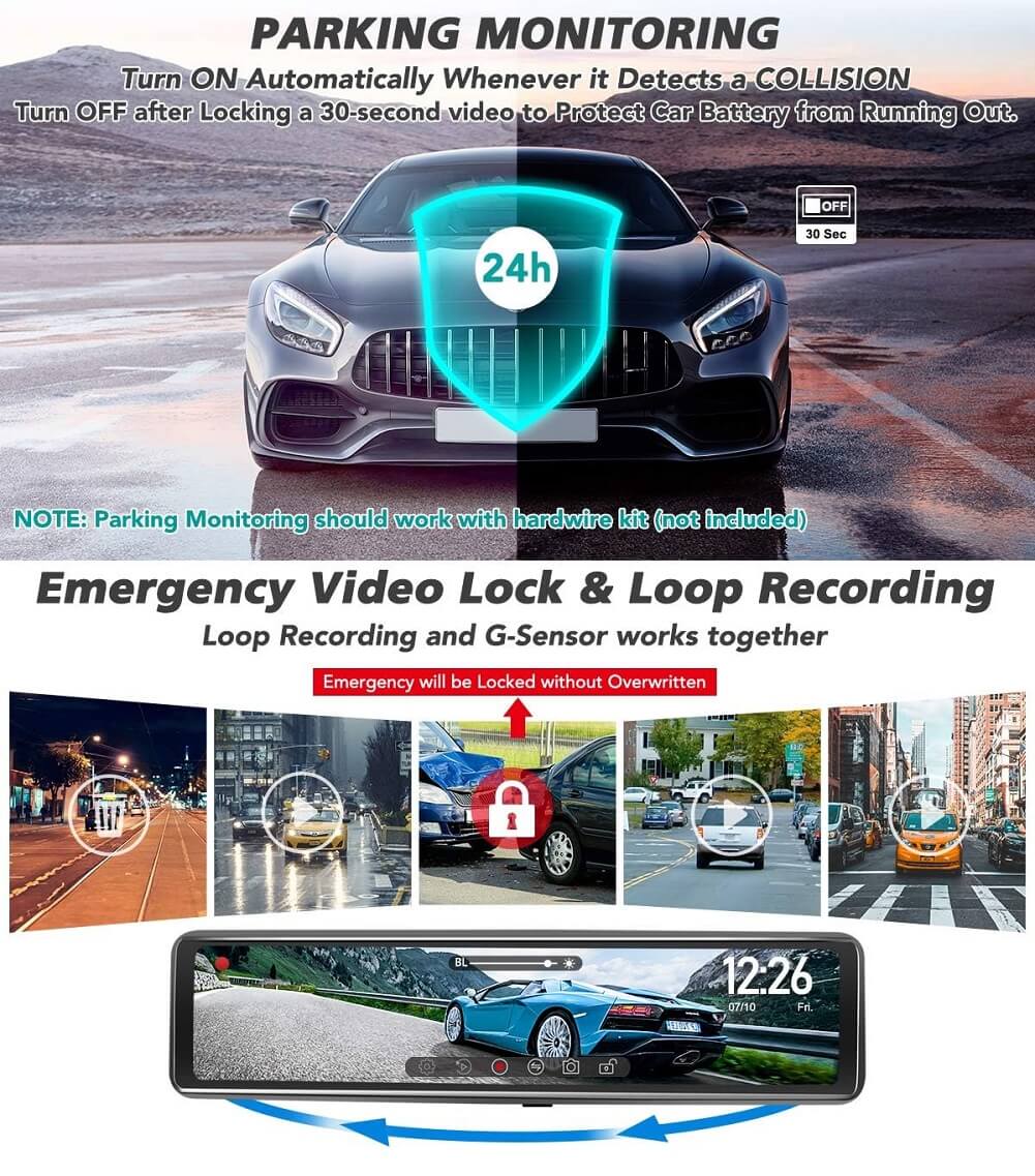 PORMIDO Advanced 12" Mirror Dual Dash Cam with Detached Front Camera, Anti Glare Full Touch Split Screen HD 1296P, Sony Lens, Super Night Vision, Parking Assistance - Imported from UK