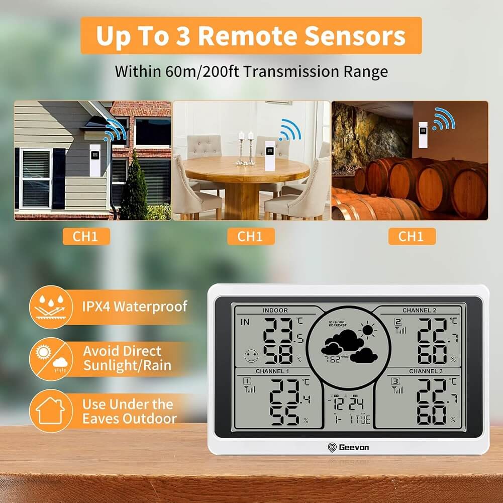 Geevon Weather Stations with 3 Indoor Outdoor Thermometer Multiple Wireless Sensors Digital Large LCD Display Indoor/Outdoor Temperature & Humidity Adjustable Backlight Alarm Clock & Snooze Barometer Comfort & Low Battery Indicator - Imported from UK