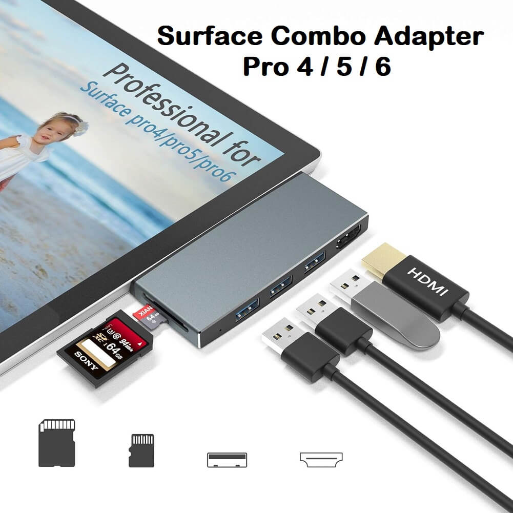 Microsoft® Surface Pro 6/5/4 Docking Station USB Hub USB 3.0 4K HDMI Hub Adapter, SD & TF/Micro SD Memory Card Reader, 4K@30Hz HDMI Port Converter (Upgraded Version) - Imported from UK