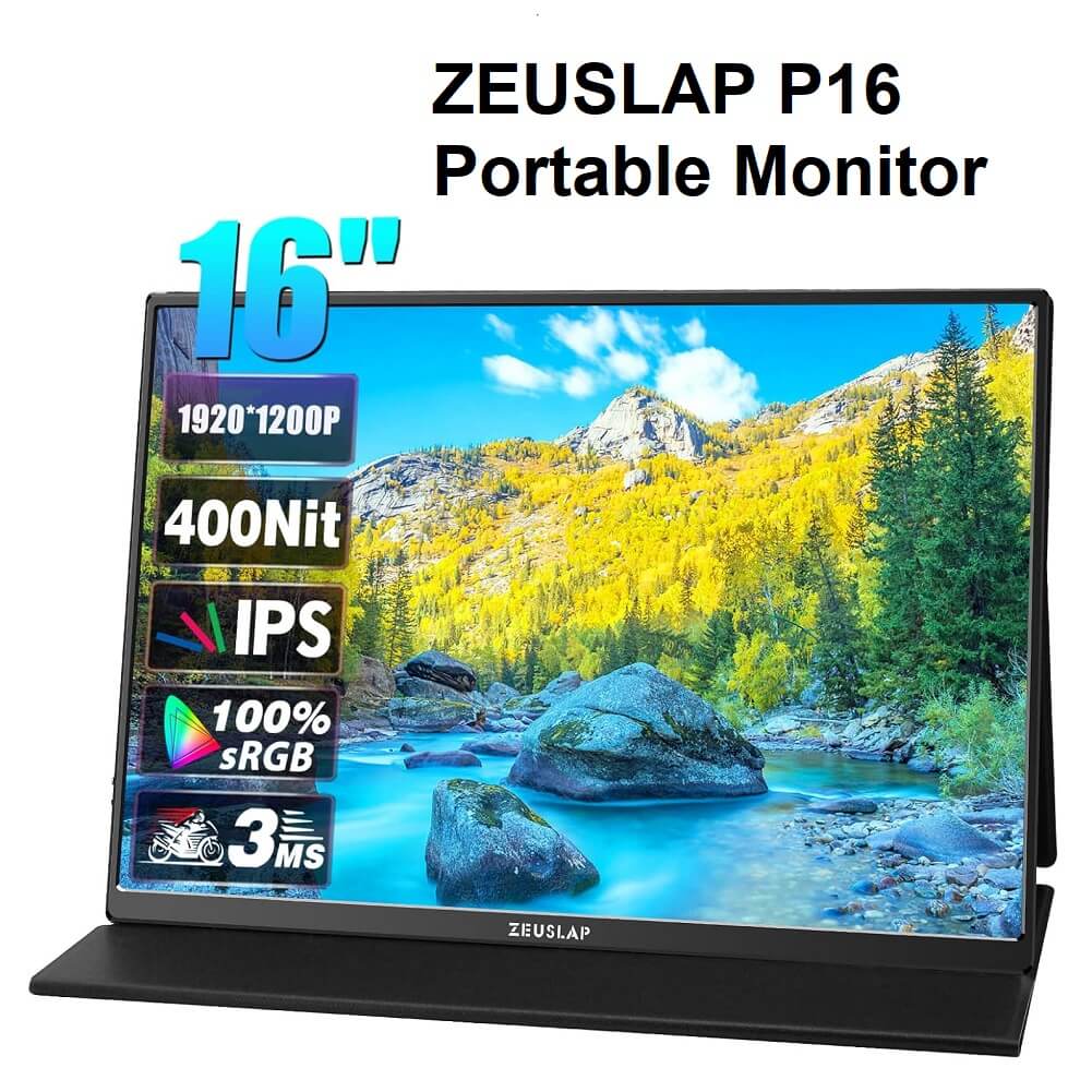 ZEUSLAP P16 16" Portable Monitor, 1920*1200 60Hz 100% sRGB IPS Screen Computer Gaming Monitor for Laptop Phone Switch Xbox PS4/PS5 Steam Deck - Imported from UK