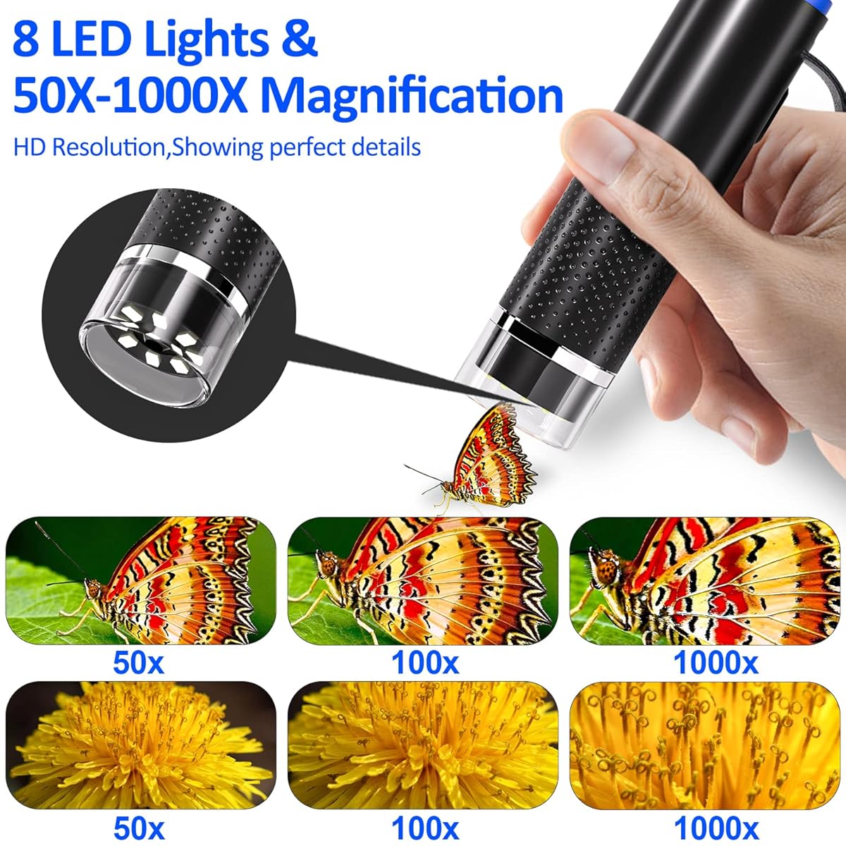 SKYBASIC Digital Wireless Microscope 2MP 50X-1000X Magnification Portable WiFi USB Microscope Camera with 8 LEDs for Phone PC Tablet Windows Android (Container Product Without Box) - Imported from UK