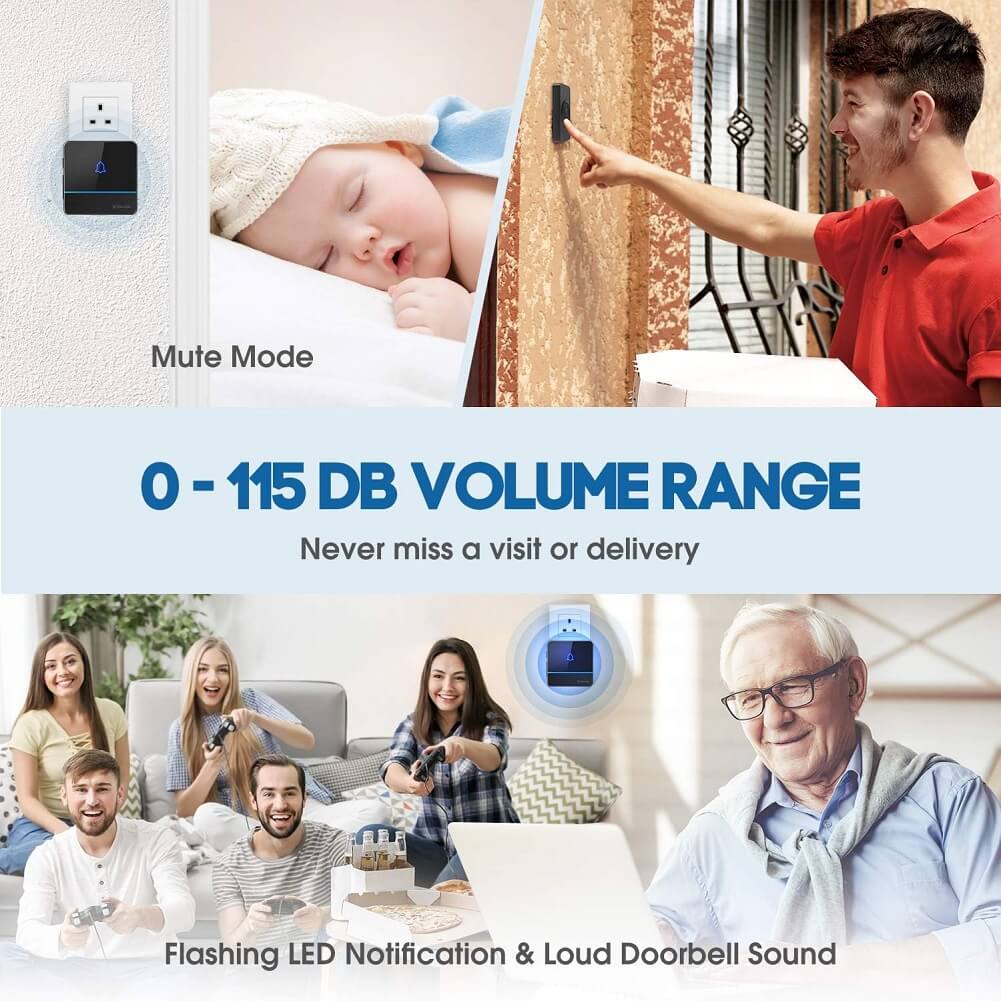 X-Sense Wireless Doorbell, Over 2000ft/600m Wireless Range, 2 Plug-in Receivers with LED Flash 56 Melodies 5 Volume Levels & Waterproof IP55 - Imported from UK