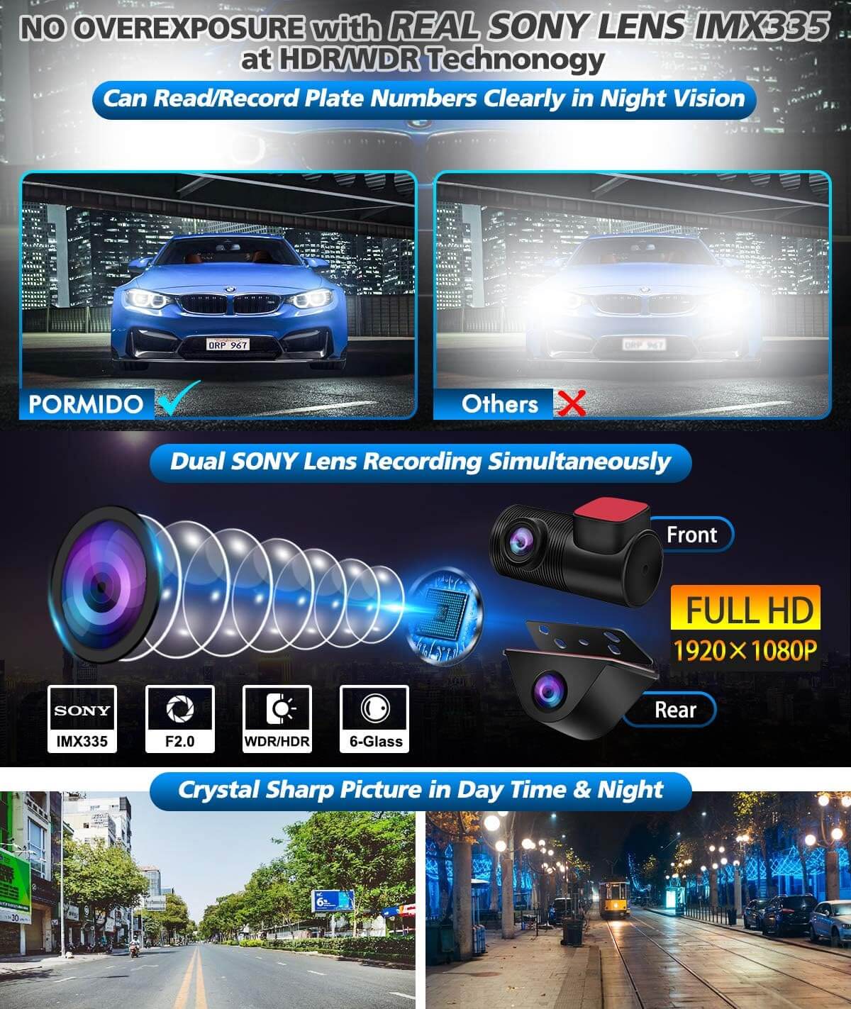 PORMIDO Advanced 12" Mirror Dual Dash Cam with Detached Front Camera, Anti Glare Full Touch Split Screen HD 1296P, Sony Lens, Super Night Vision, Parking Assistance - Imported from UK