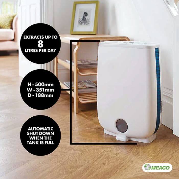 Meaco DD8L 8L/Day 650W Desiccant Dehumidifier with 3 Speed, Anti-Bacterial Continuous Drainage for Damp Condensation & Laundry Drying (Container Product Without Box) - Imported from UK