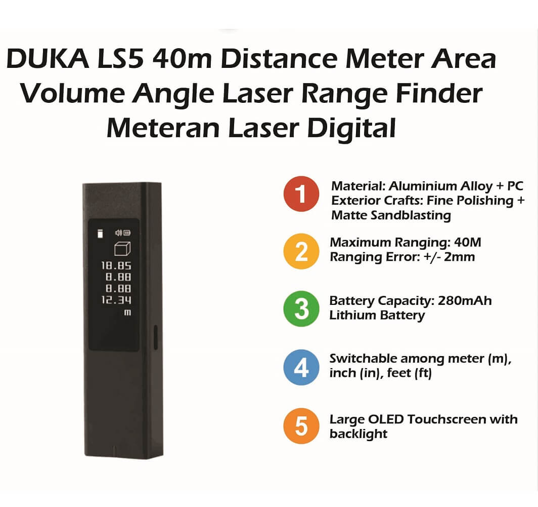 Xiaomi Duka ATuMan LS5 Laser Rangefinder Distance Meter, OLED Touch Screen 40M Electronic Digital Ruler Laser Tape - Imported from UK